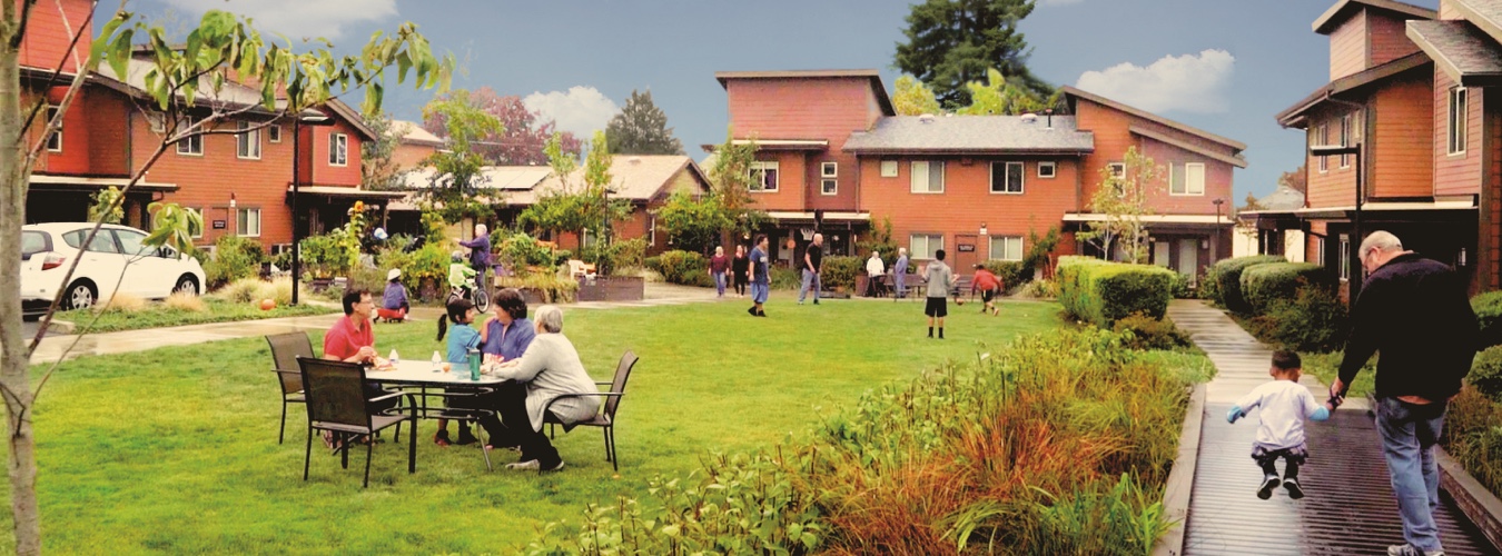 A wide shot image of Bridge Meadows North Portland with residents frolicking in the courtyard