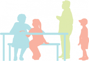 Silhouettes of a parent, elder, and 2 children sitting at a picnic table